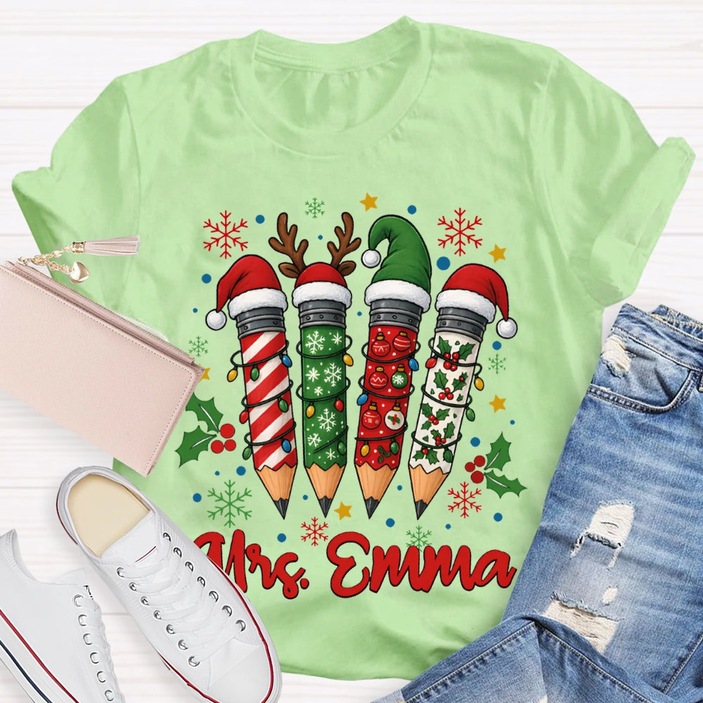 Personalized Name Colored Christmas Pencils And Snowflakes T-shirt