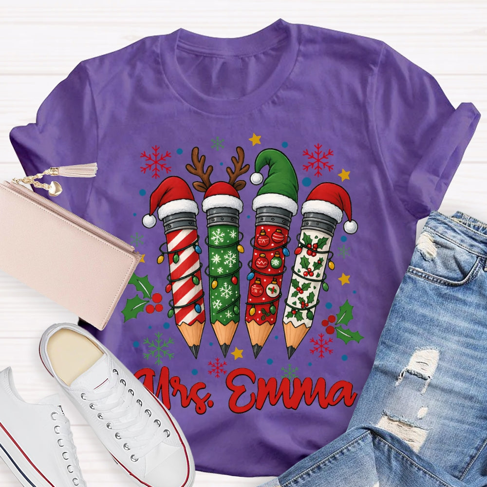 Personalized Name Colored Christmas Pencils And Snowflakes T-shirt