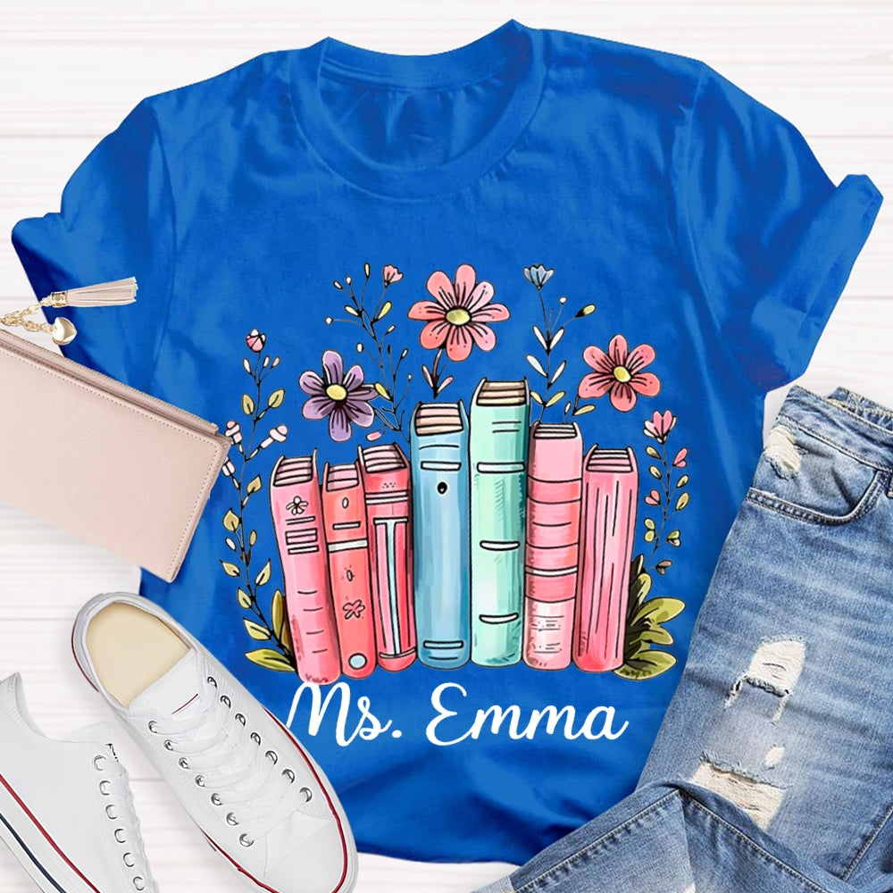 Personalized Name Colored Books And Flowers T-shirt