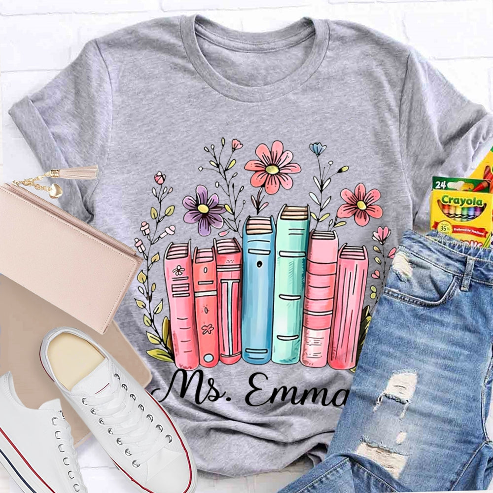 Personalized Name Colored Books And Flowers T-shirt