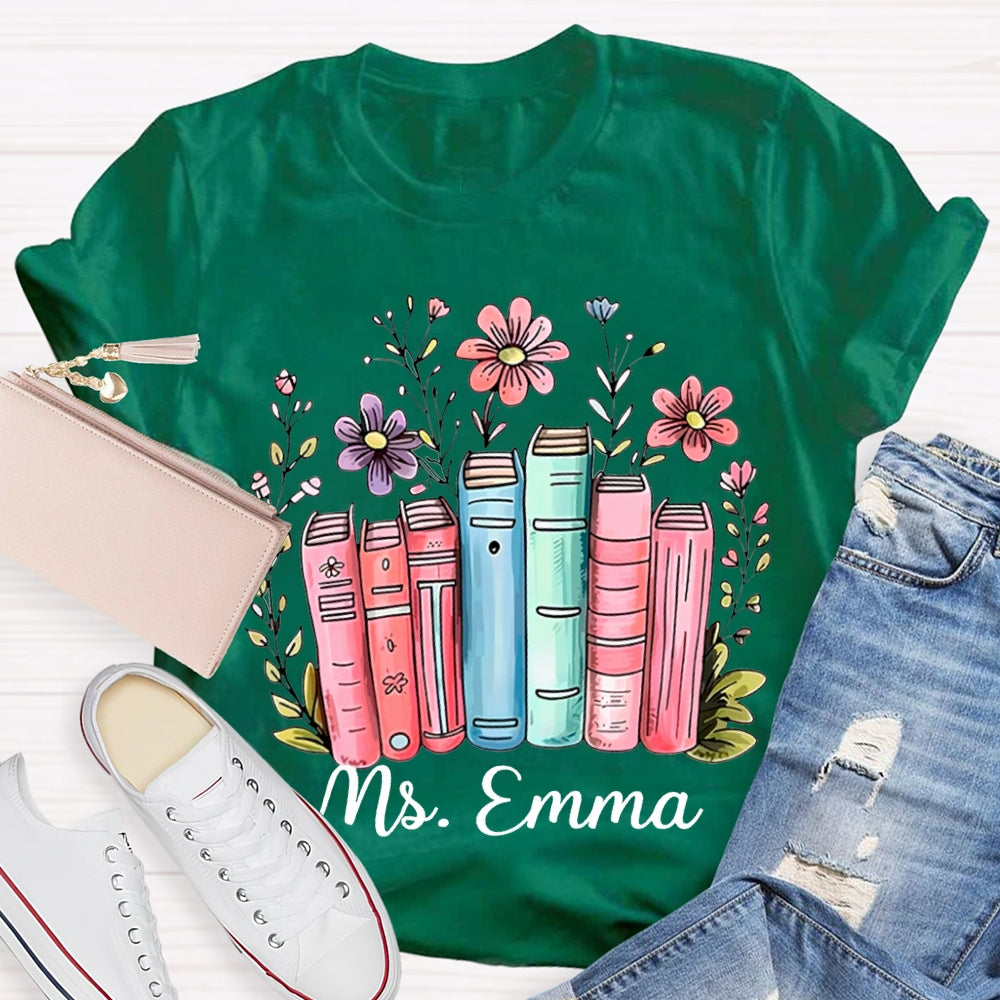 Personalized Name Colored Books And Flowers T-shirt