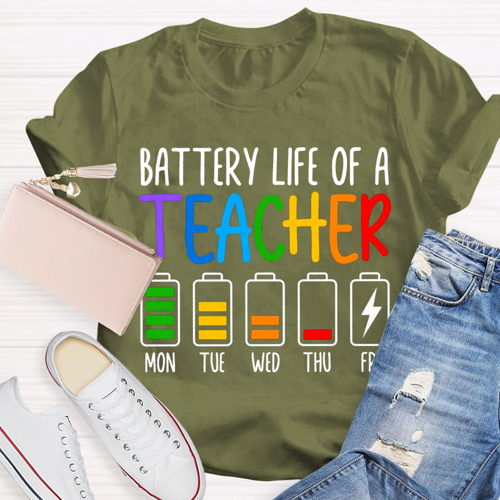 Battery Life Of A Teacher Mon Tue Wed Thu Fri Colored Battery Printing T-shirt