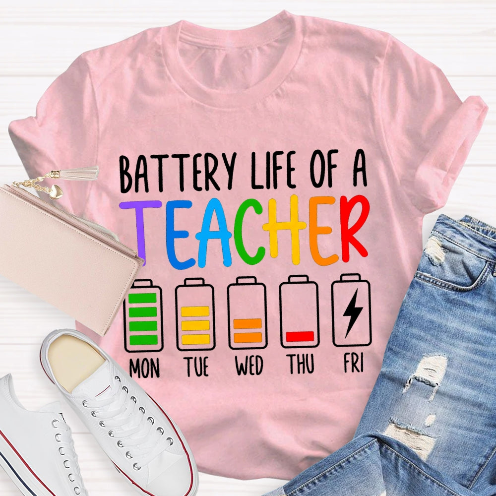 Battery Life Of A Teacher Mon Tue Wed Thu Fri Colored Battery Printing T-shirt
