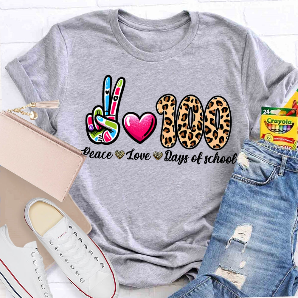 Peace Love 100 Days Of School Colored Fingers And Leopard Print Numbers T-shirt