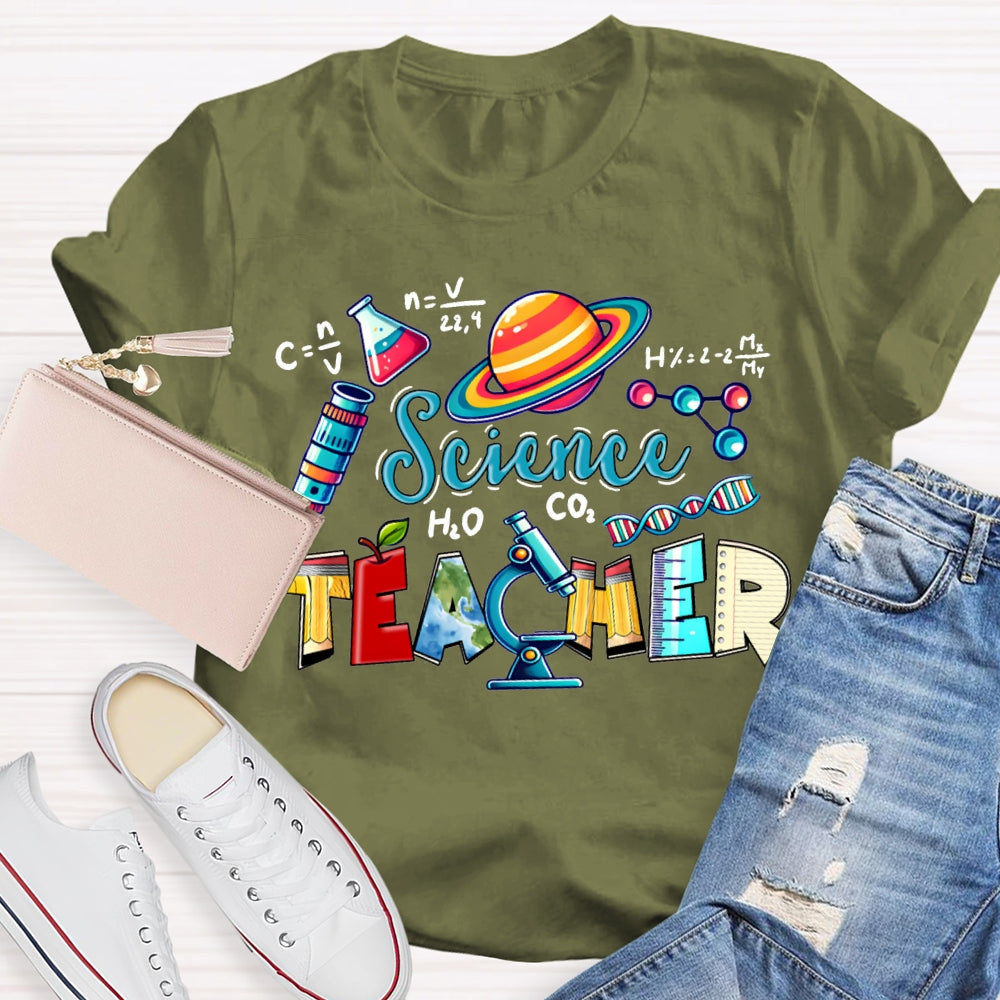 Science Teacher Colored Lettering And Experimental Bottles T-shirt