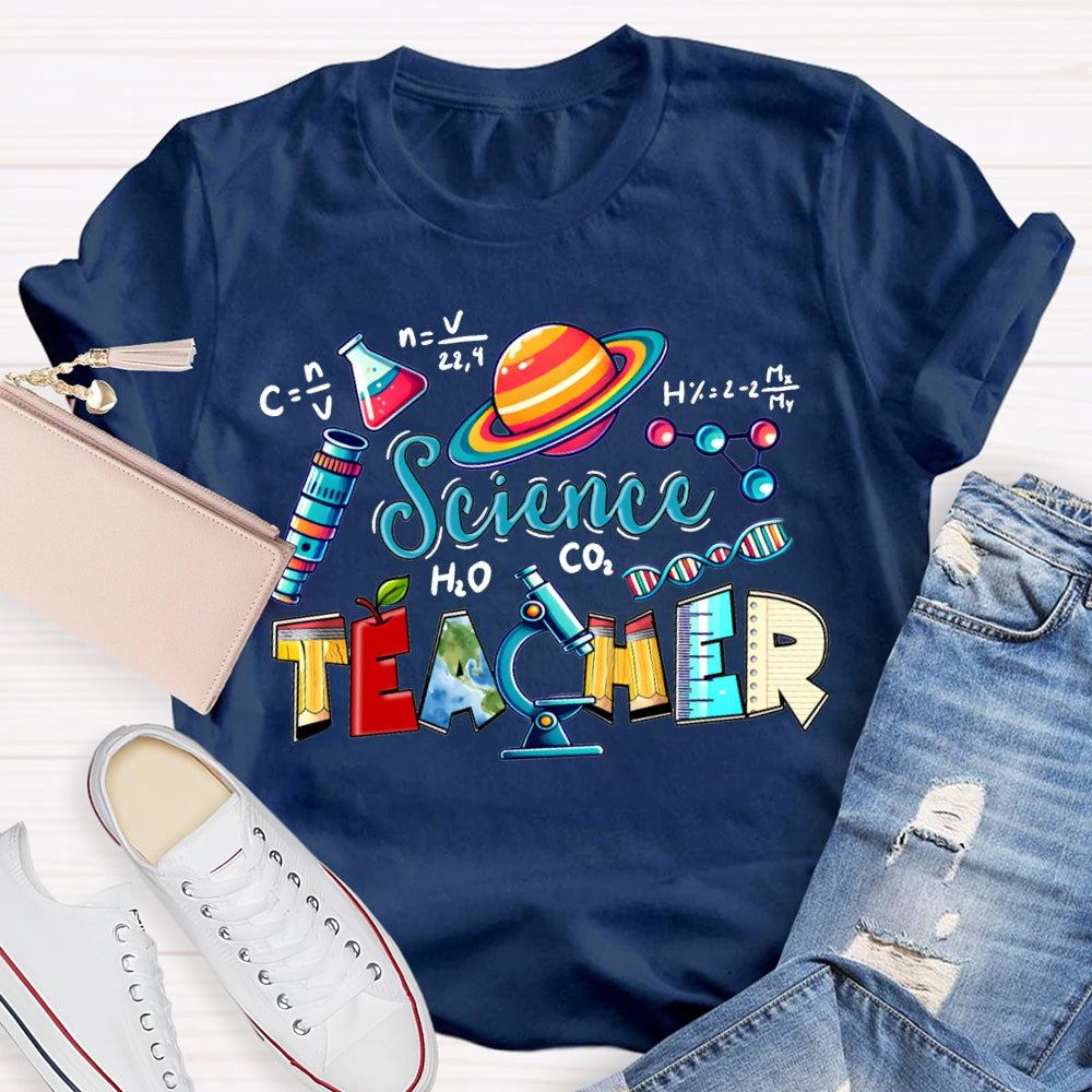 Science Teacher Colored Lettering And Experimental Bottles T-shirt