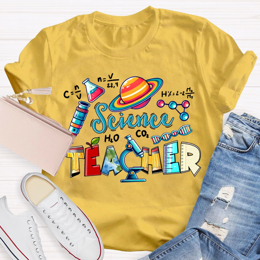 Science Teacher Colored Lettering And Experimental Bottles T-shirt