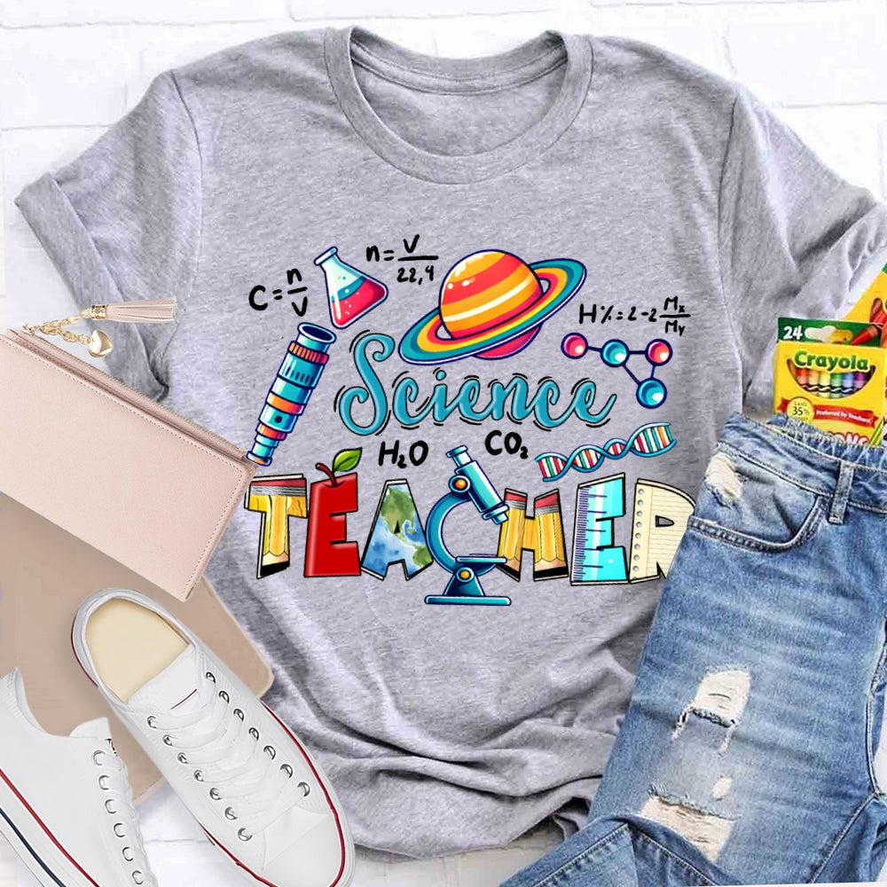 Science Teacher Colored Lettering And Experimental Bottles T-shirt