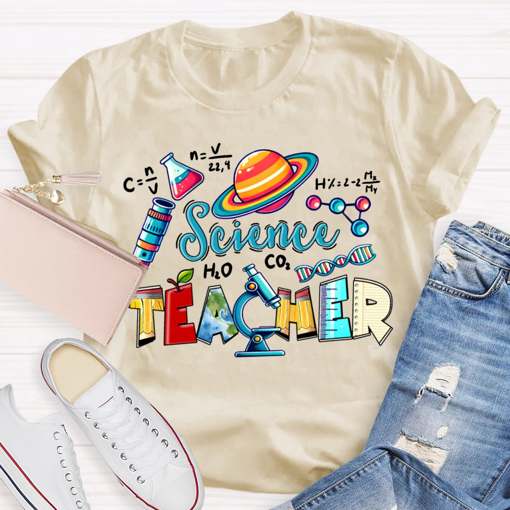 Science Teacher Colored Lettering And Experimental Bottles T-shirt