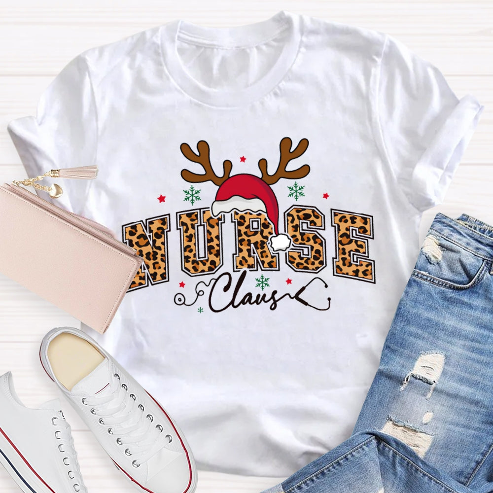 Nurse Claus Leopard Print Font And Santa Hat T-shirt