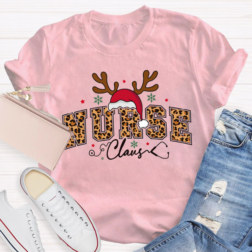 Nurse Claus Leopard Print Font And Santa Hat T-shirt