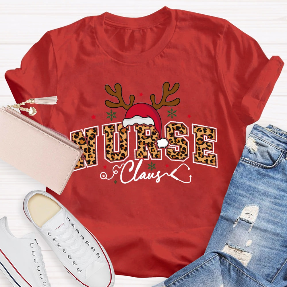 Nurse Claus Leopard Print Font And Santa Hat T-shirt