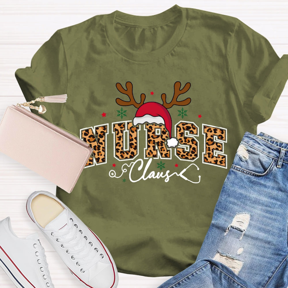Nurse Claus Leopard Print Font And Santa Hat T-shirt