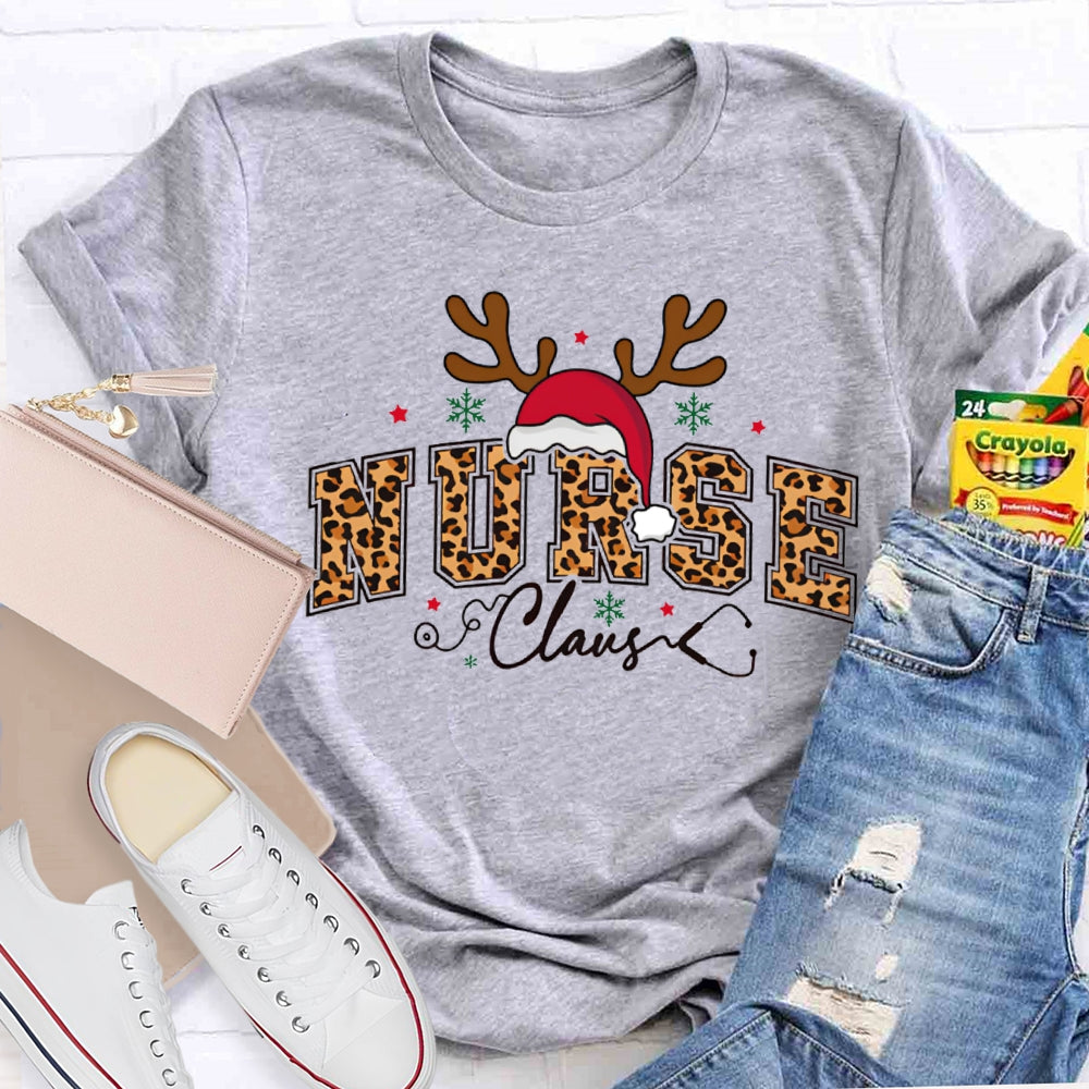 Nurse Claus Leopard Print Font And Santa Hat T-shirt