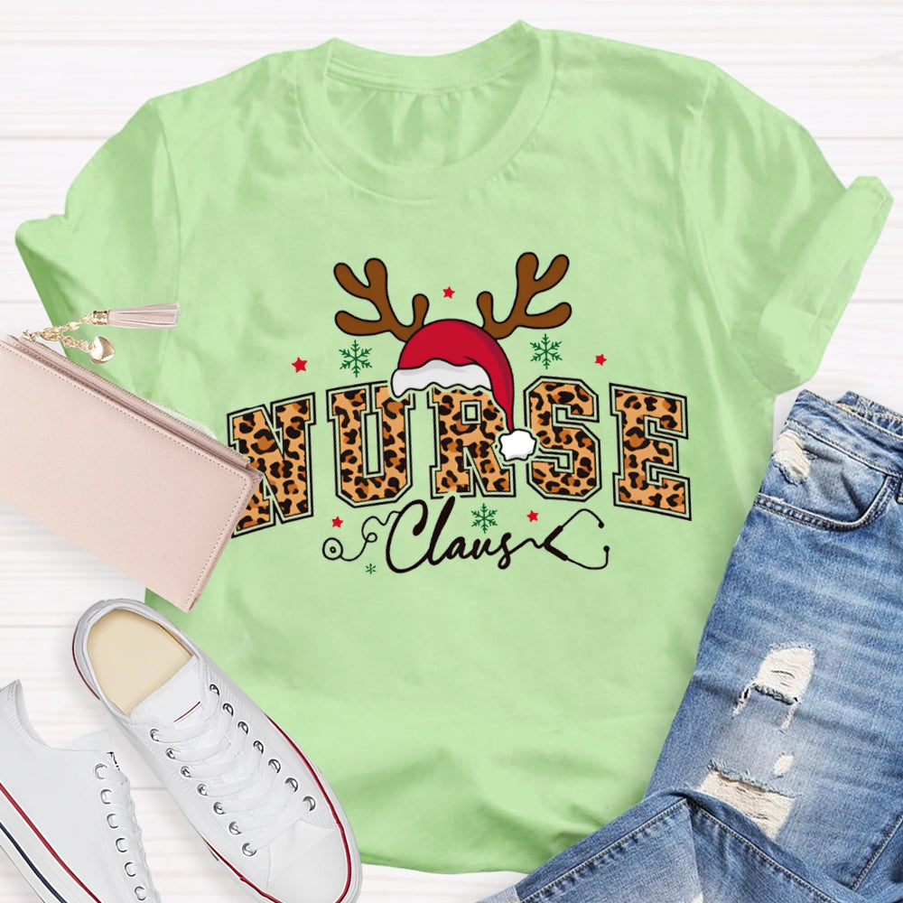 Nurse Claus Leopard Print Font And Santa Hat T-shirt