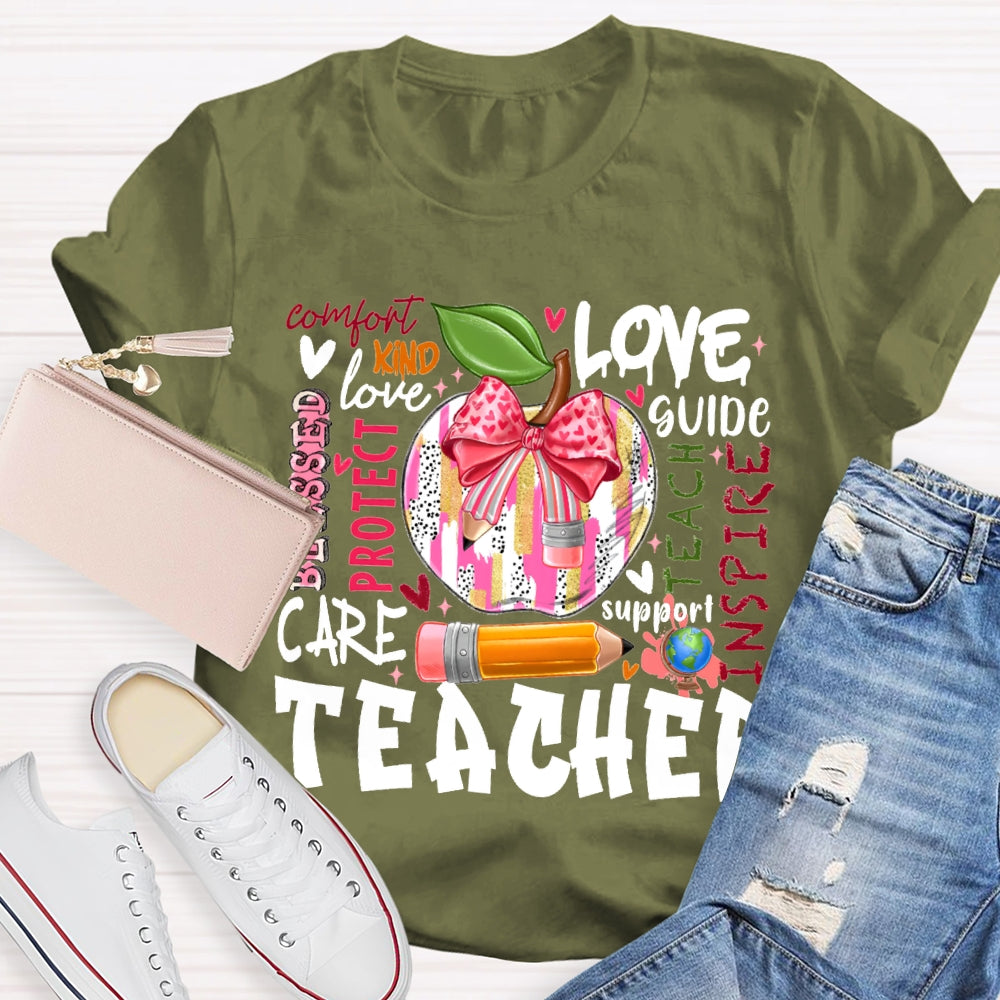 Love Kind Care Protect Support And Tie-Dyed Apples Teacher T-shirt