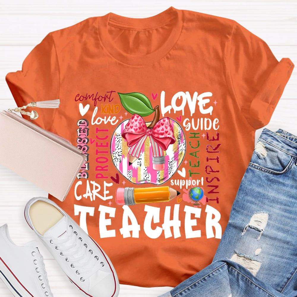Love Kind Care Protect Support And Tie-Dyed Apples Teacher T-shirt