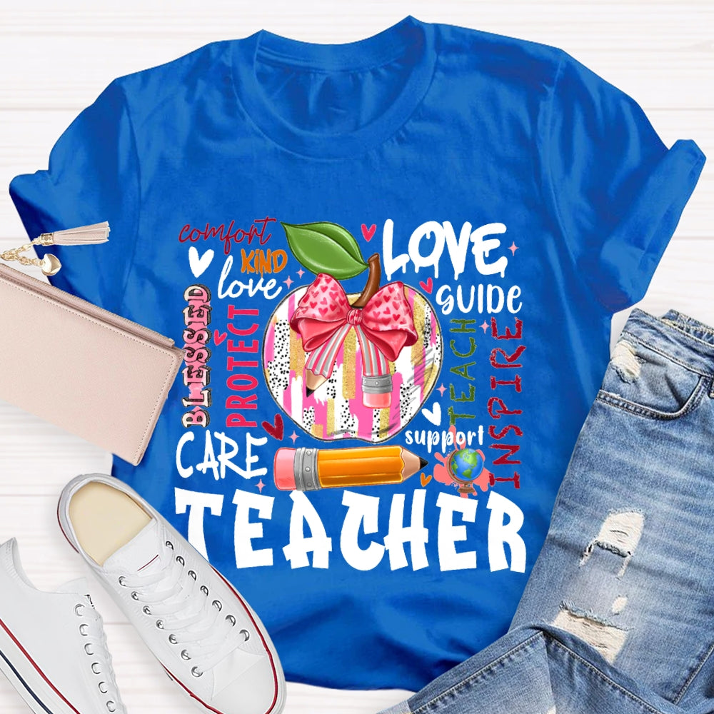 Love Kind Care Protect Support And Tie-Dyed Apples Teacher T-shirt