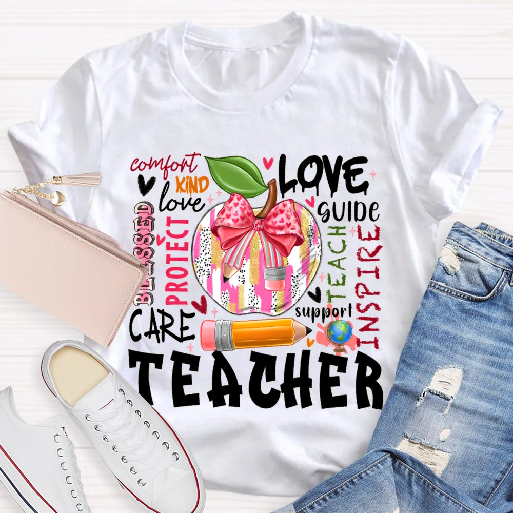 Love Kind Care Protect Support And Tie-Dyed Apples Teacher T-shirt