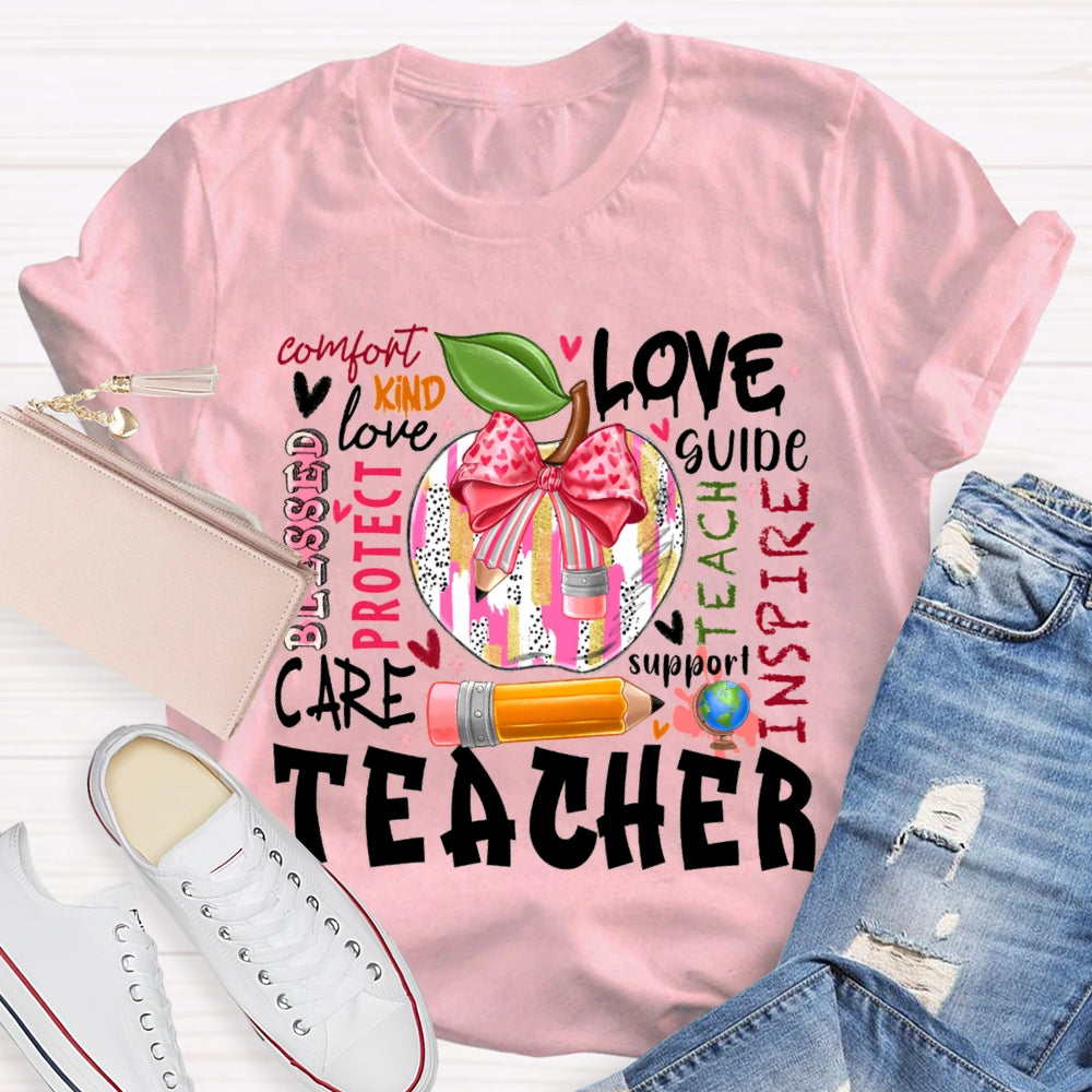 Love Kind Care Protect Support And Tie-Dyed Apples Teacher T-shirt