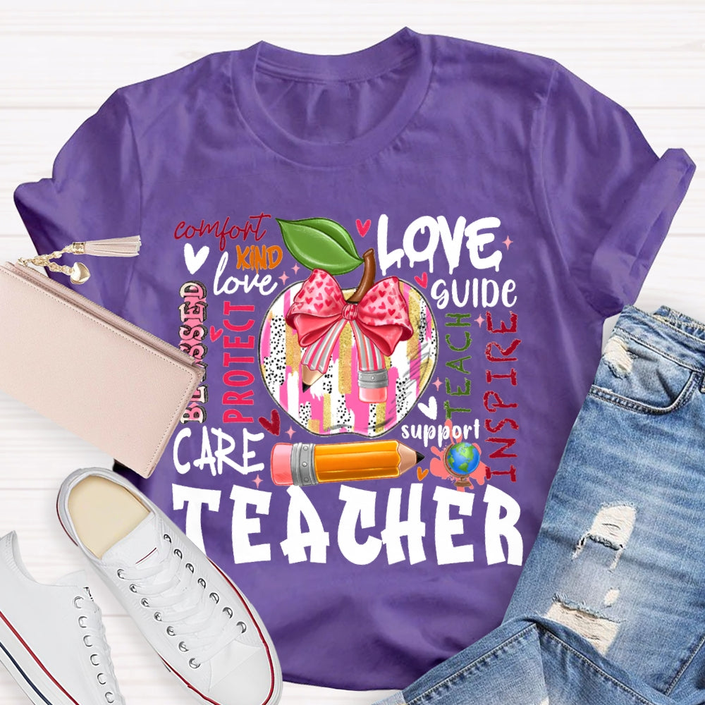 Love Kind Care Protect Support And Tie-Dyed Apples Teacher T-shirt