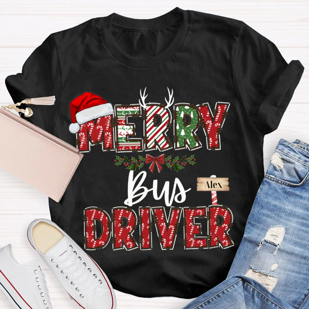 Personalized Name Merry Bus Driver Christmas Hat T-shirt