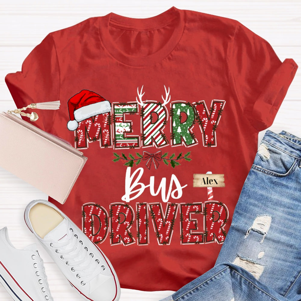 Personalized Name Merry Bus Driver Christmas Hat T-shirt