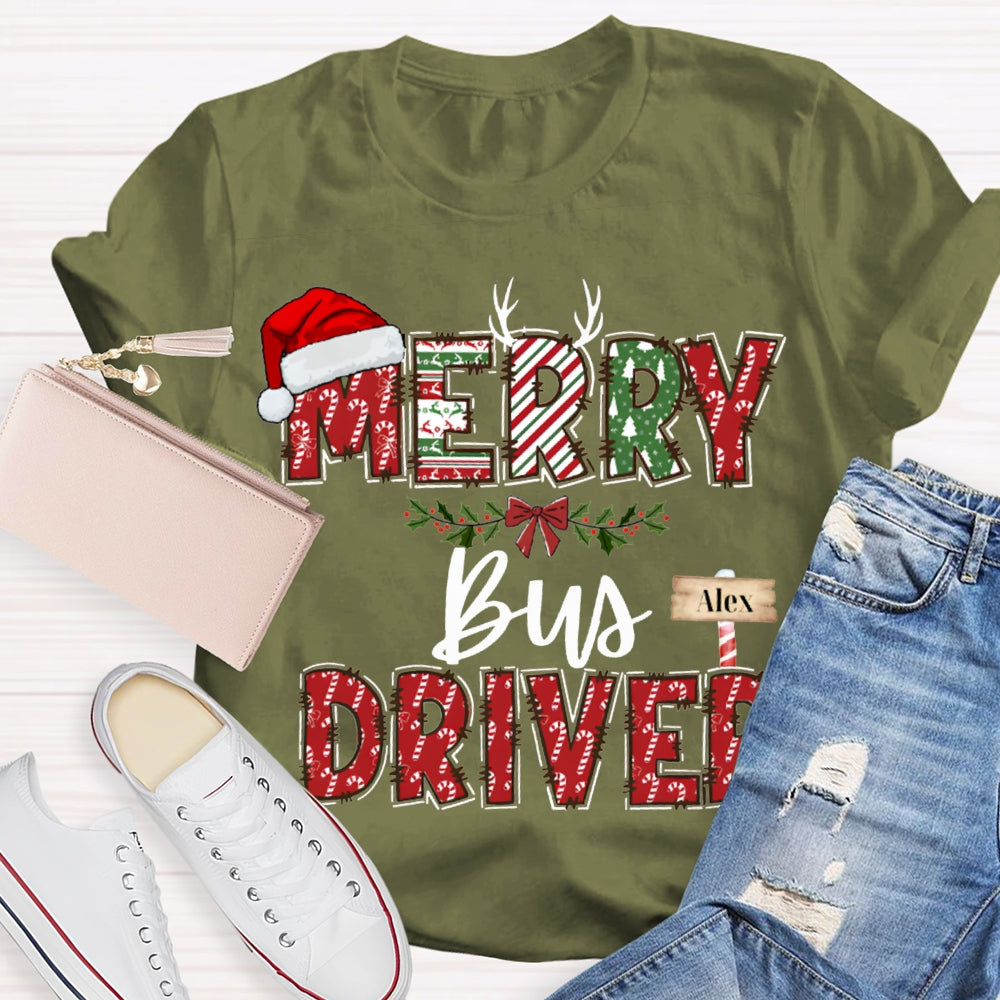 Personalized Name Merry Bus Driver Christmas Hat T-shirt