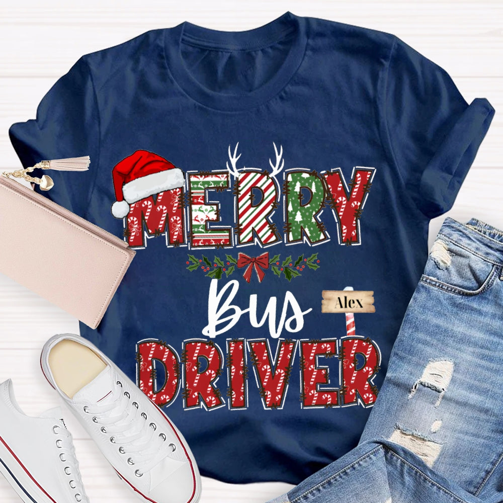 Personalized Name Merry Bus Driver Christmas Hat T-shirt