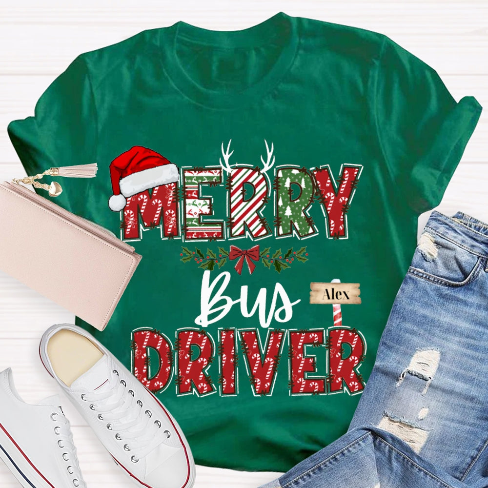Personalized Name Merry Bus Driver Christmas Hat T-shirt