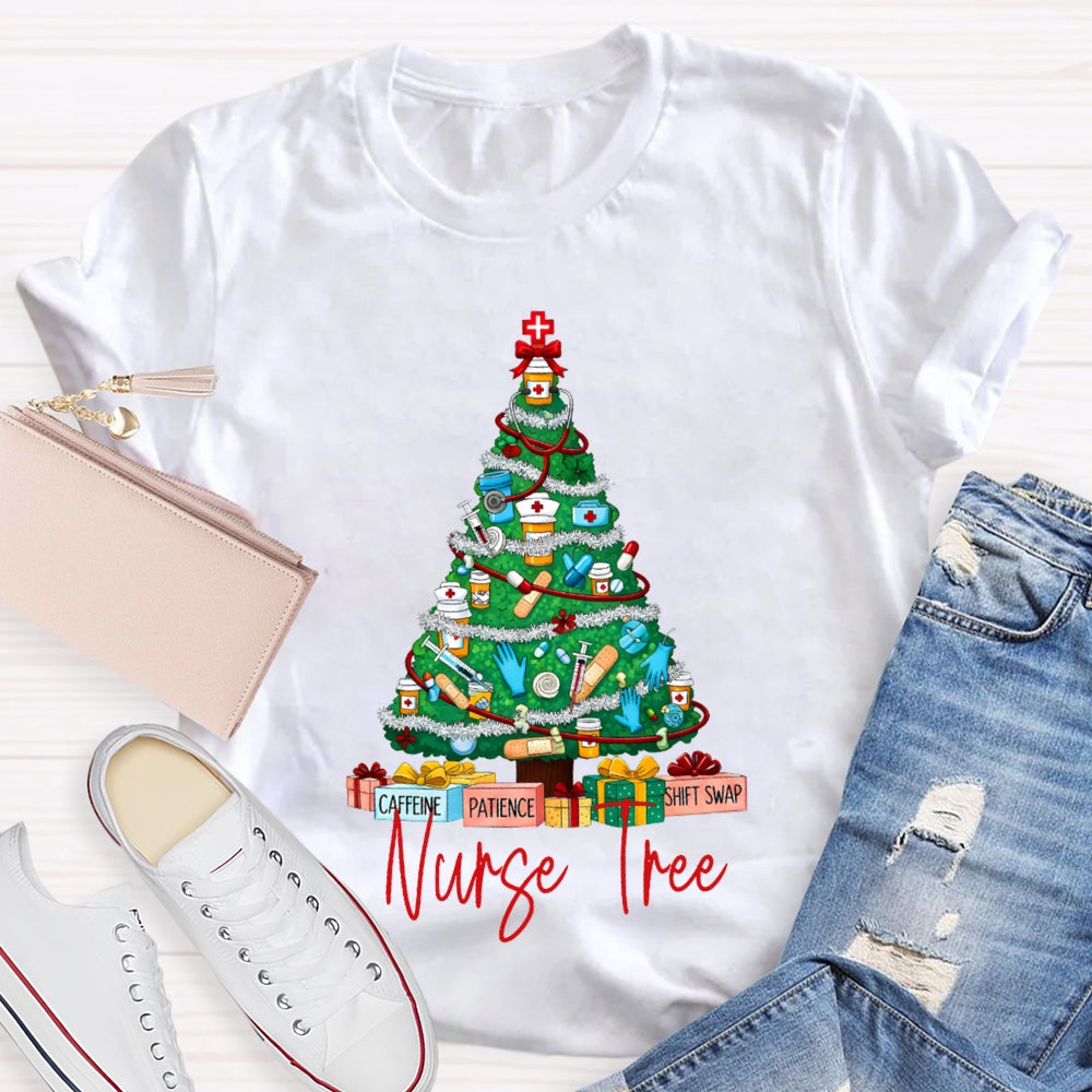 School Nurse Tree Caffeine Patience Shift Swap Christmas T-shirt