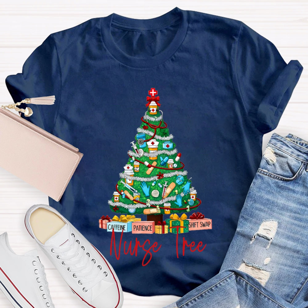 School Nurse Tree Caffeine Patience Shift Swap Christmas T-shirt