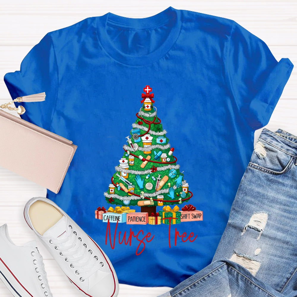 School Nurse Tree Caffeine Patience Shift Swap Christmas T-shirt