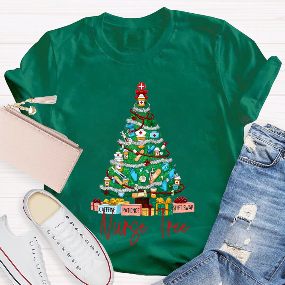 School Nurse Tree Caffeine Patience Shift Swap Christmas T-shirt