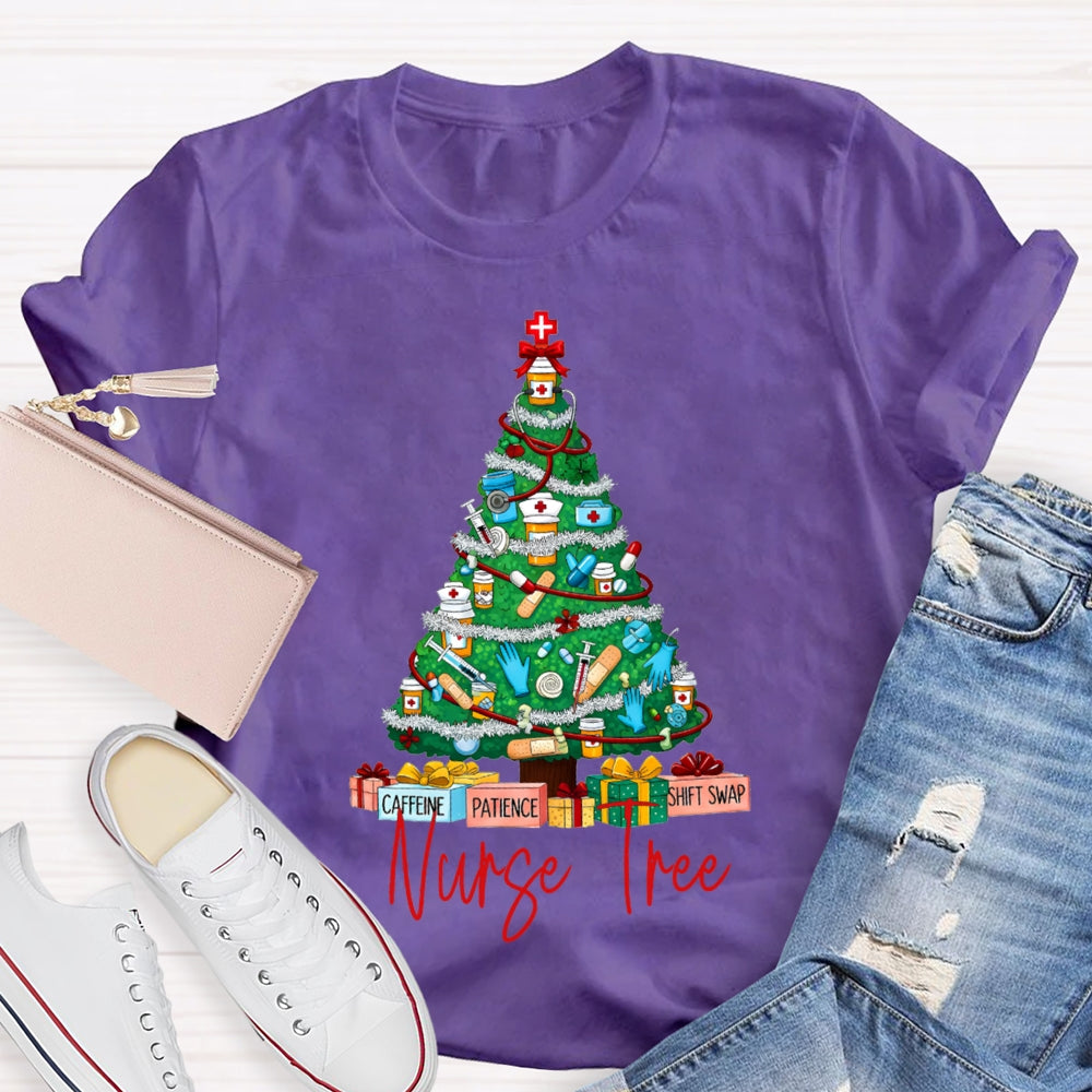 School Nurse Tree Caffeine Patience Shift Swap Christmas T-shirt