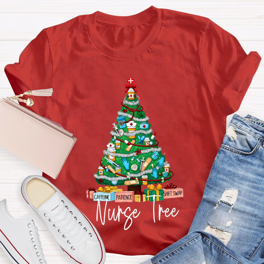 School Nurse Tree Caffeine Patience Shift Swap Christmas T-shirt
