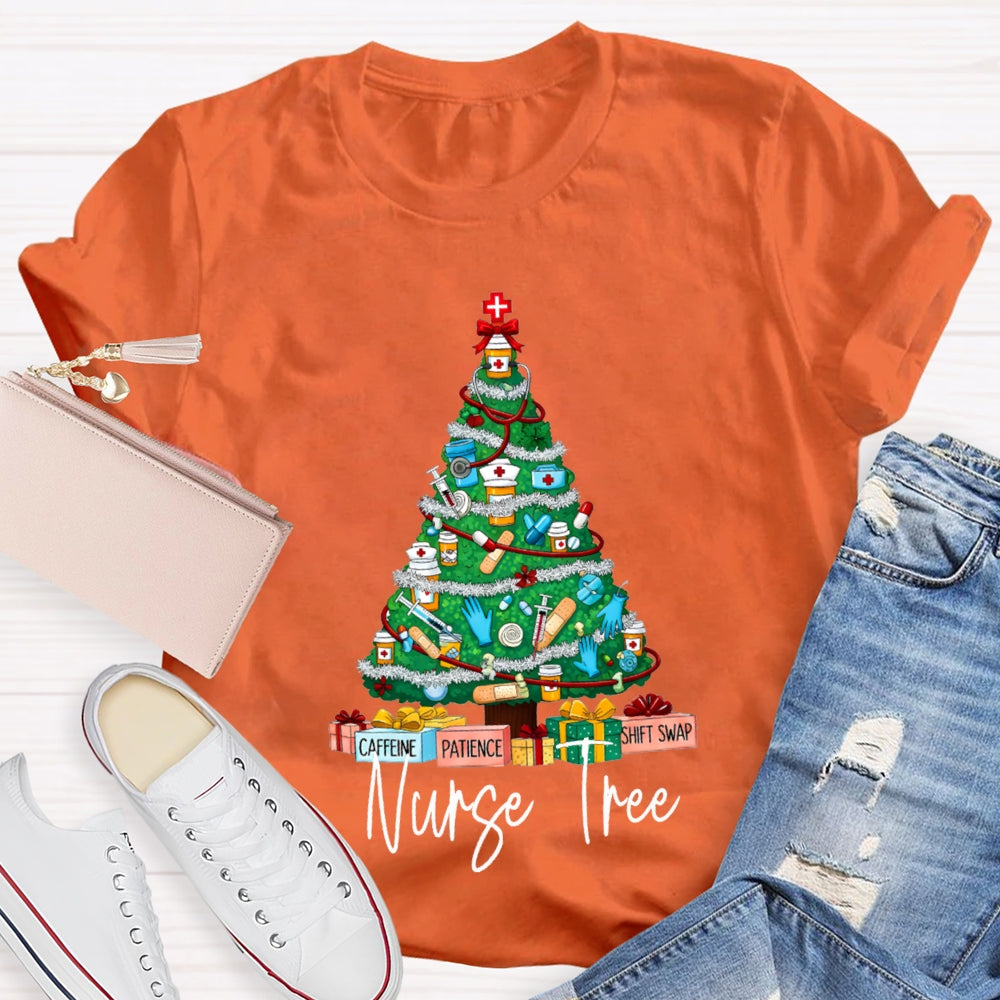 School Nurse Tree Caffeine Patience Shift Swap Christmas T-shirt