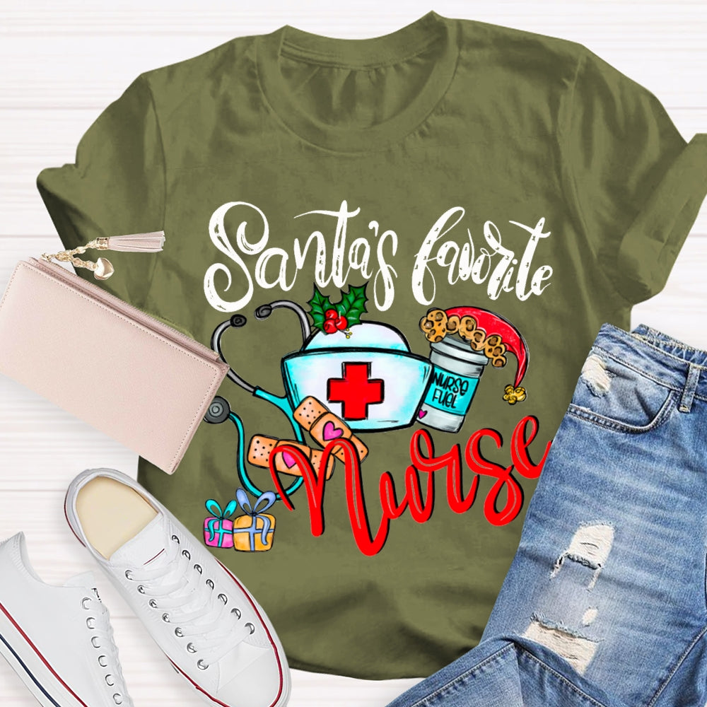 Santa'S Favorite Nurse Santa Hats And Christmas T-shirt