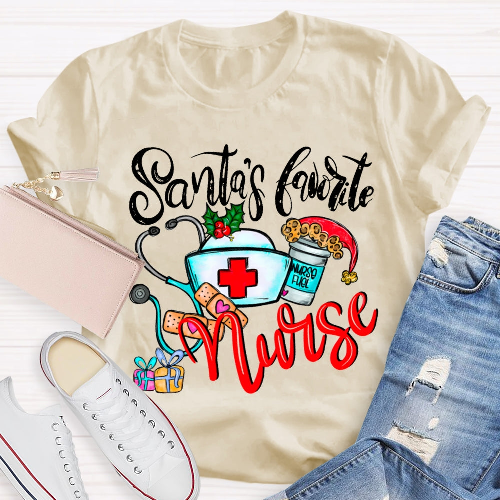 Santa'S Favorite Nurse Santa Hats And Christmas T-shirt