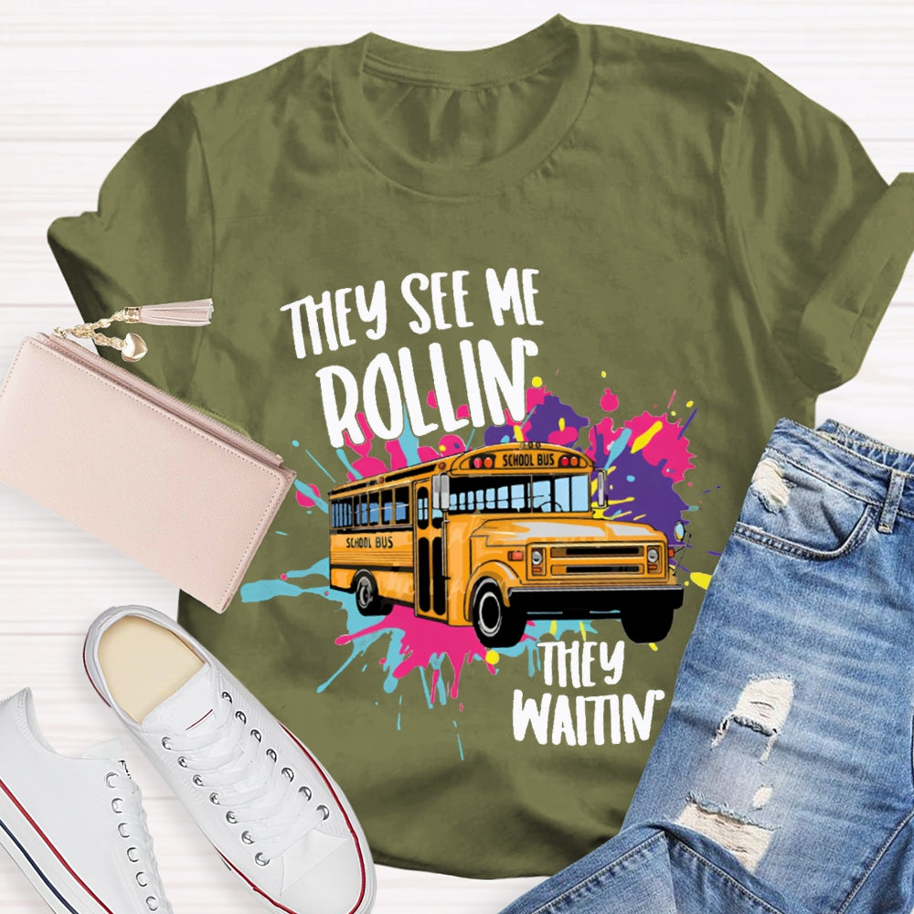 They See Rollin They Waitin School Bus Tie-Dye Print T-shirt