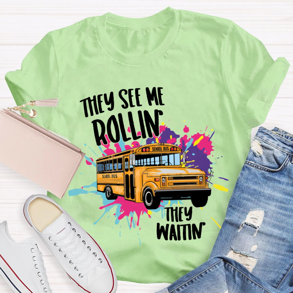 They See Rollin They Waitin School Bus Tie-Dye Print T-shirt