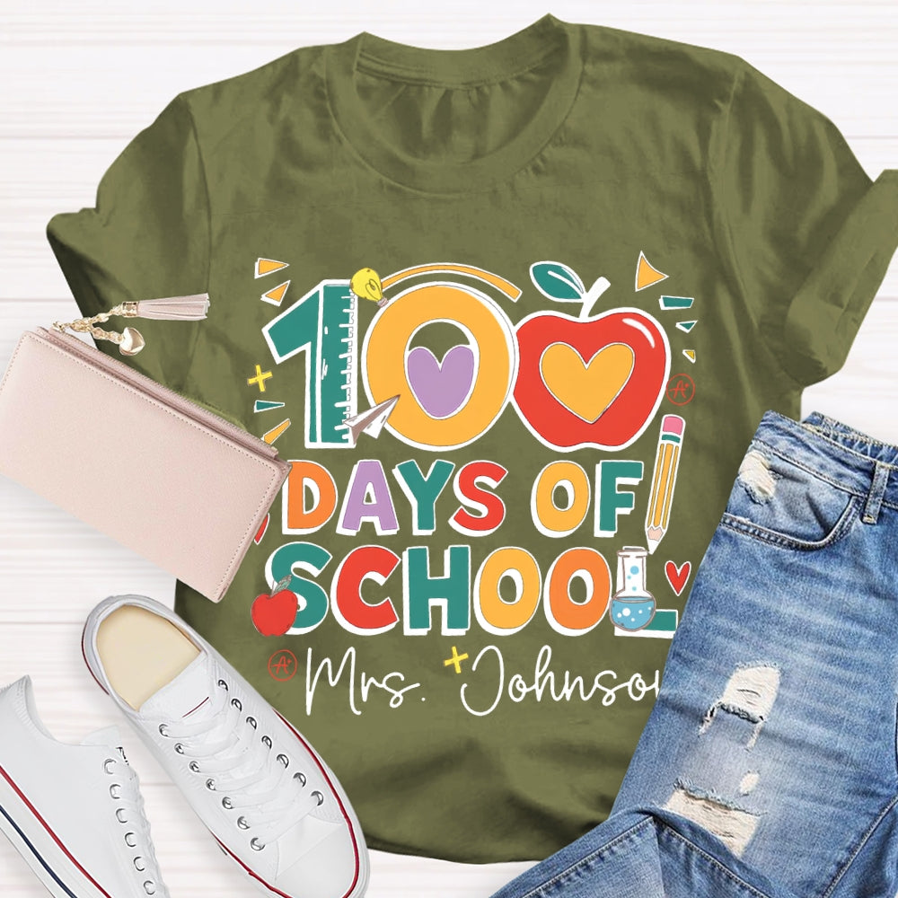Personalized Name 100 Days Of School Apple Font T-shirt