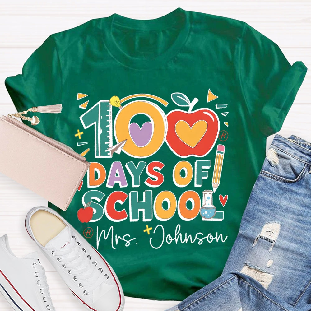 Personalized Name 100 Days Of School Apple Font T-shirt
