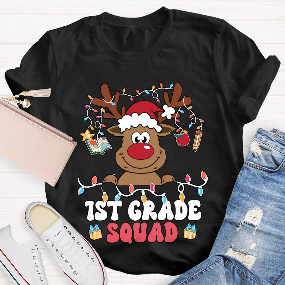 Personalized Grade First Grade Squad Christmas Lights And Christmas Reindeer T-shirt