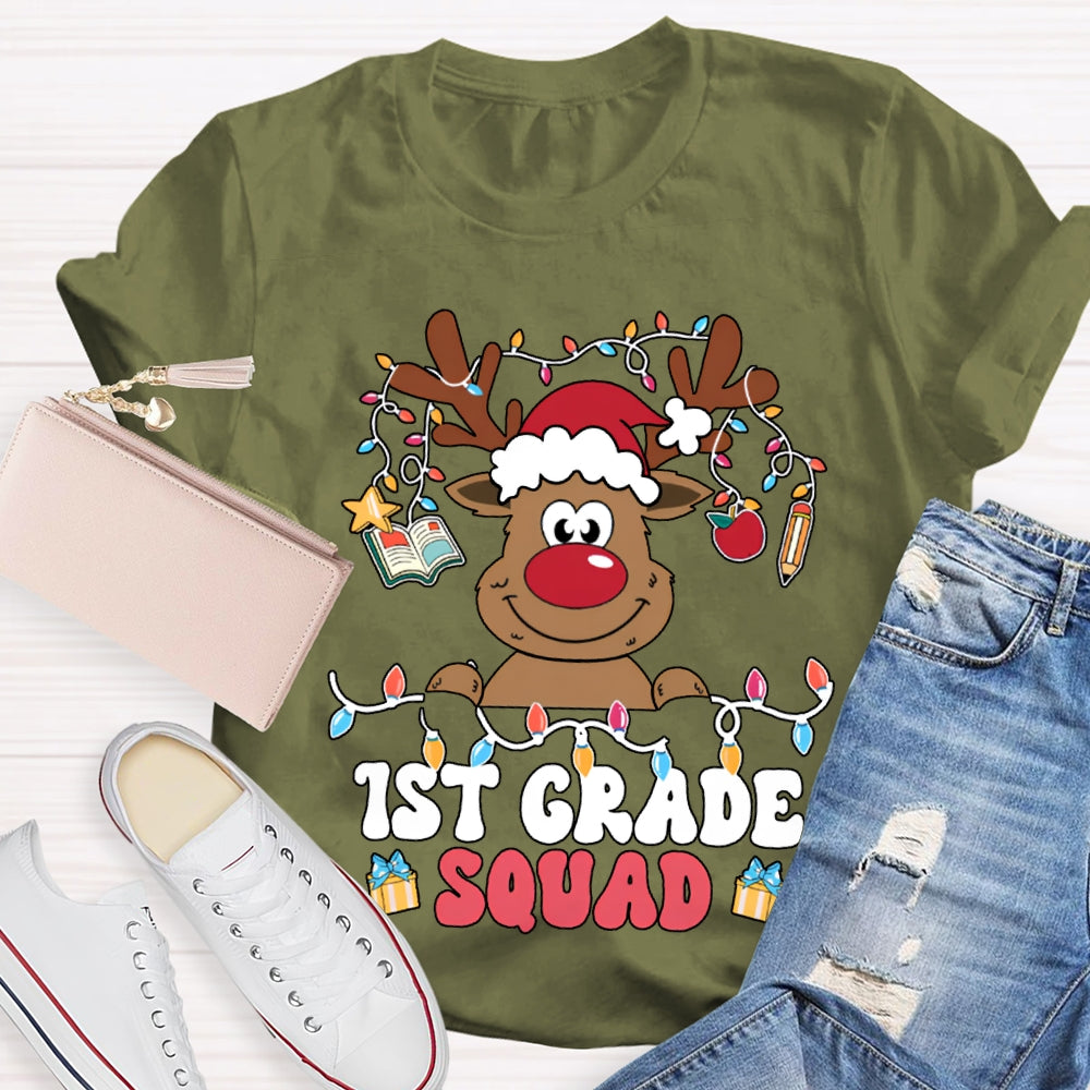 Personalized Grade First Grade Squad Christmas Lights And Christmas Reindeer T-shirt