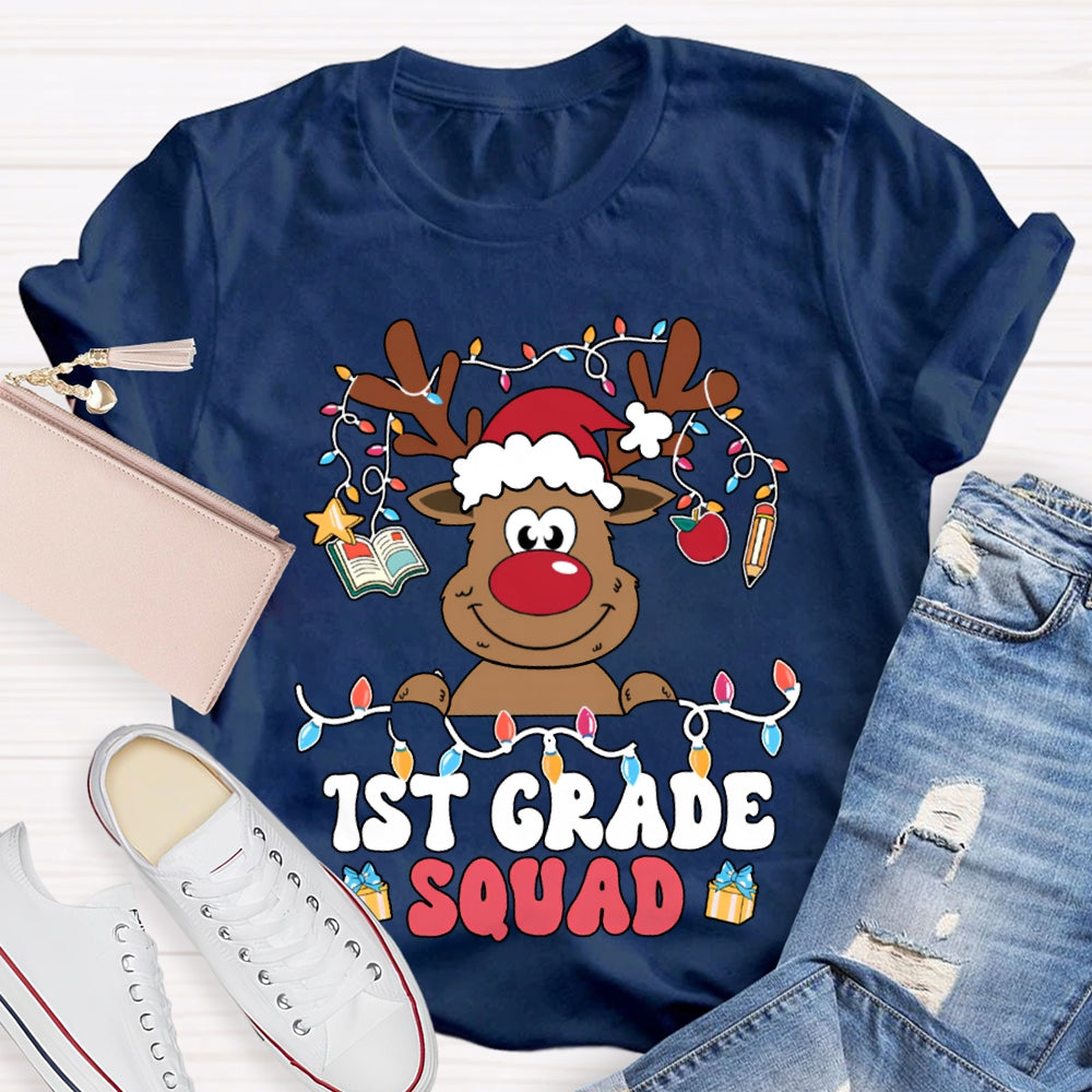 Personalized Grade First Grade Squad Christmas Lights And Christmas Reindeer T-shirt