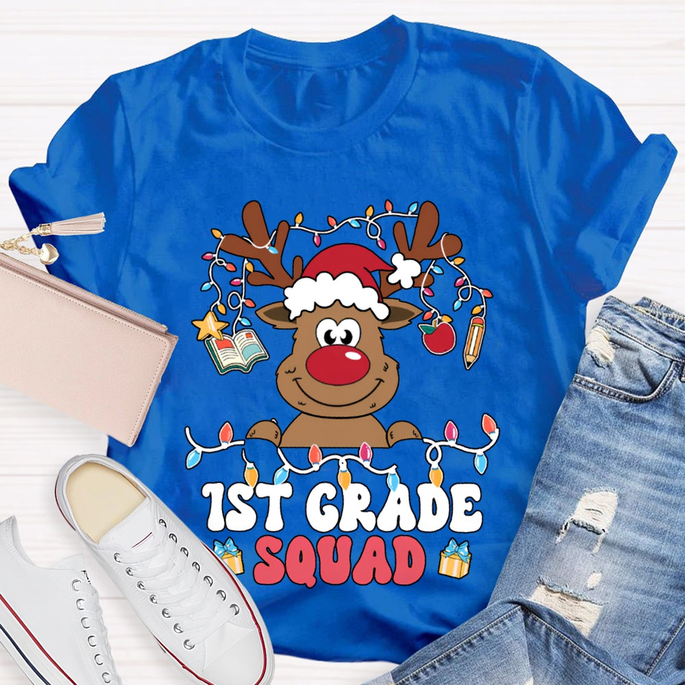 Personalized Grade First Grade Squad Christmas Lights And Christmas Reindeer T-shirt