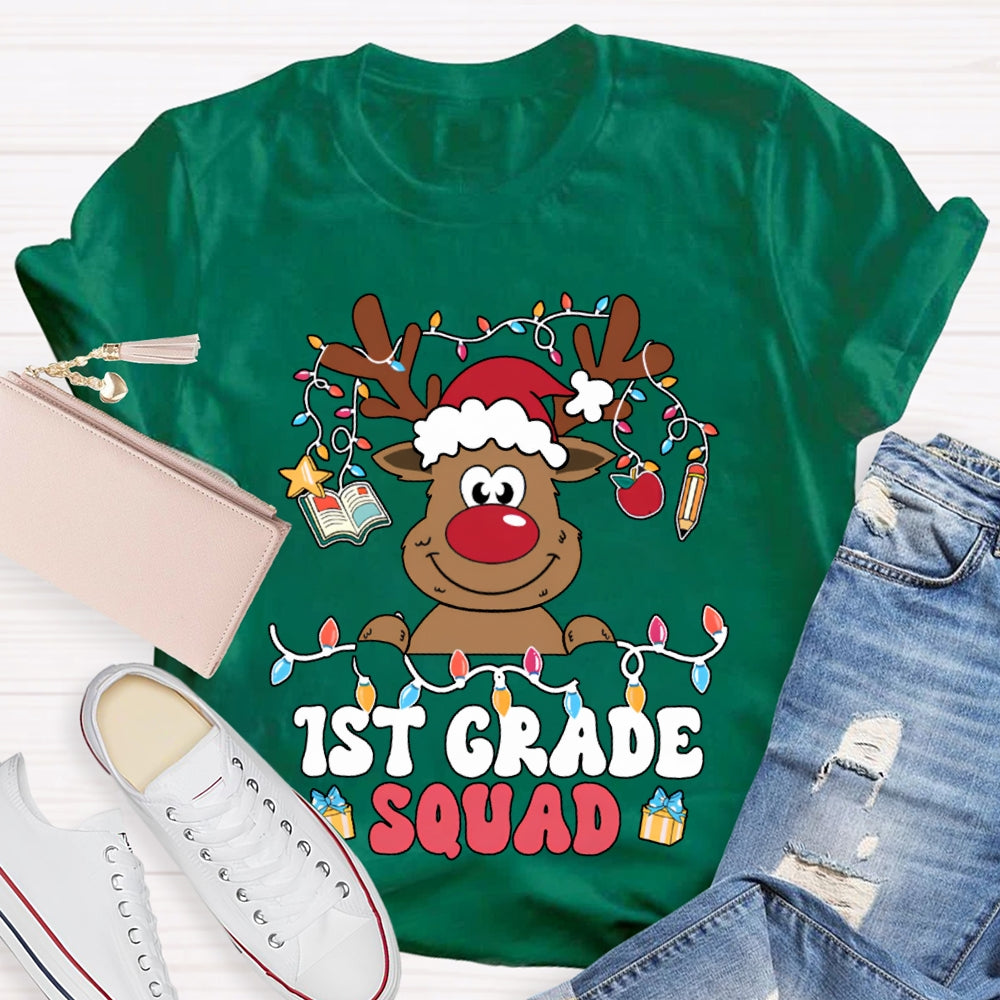Personalized Grade First Grade Squad Christmas Lights And Christmas Reindeer T-shirt