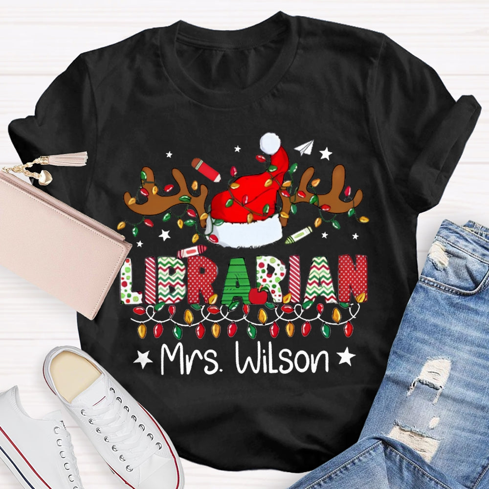 Personalized Name Librarian Christmas Lights And Santa Hats T-shirt