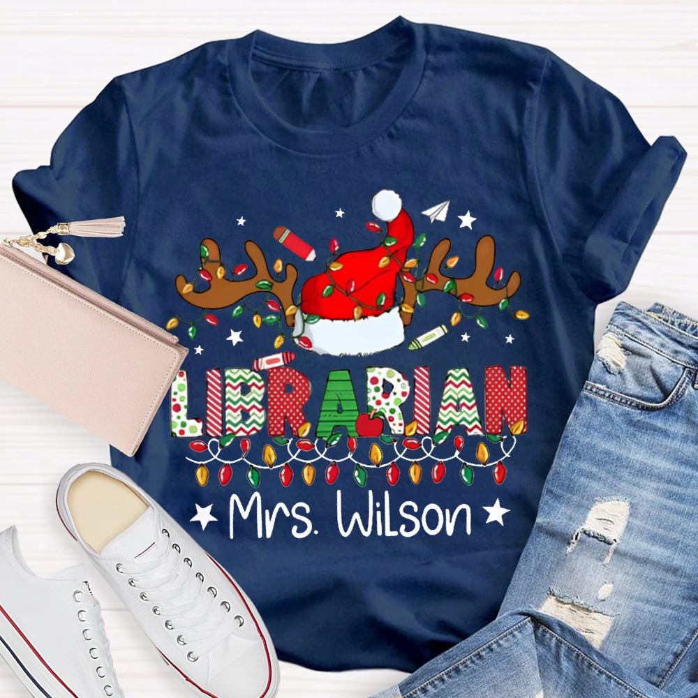 Personalized Name Librarian Christmas Lights And Santa Hats T-shirt